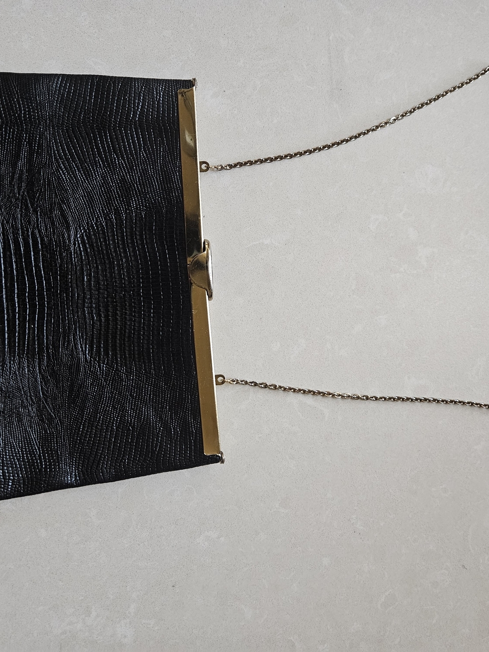 Classic Black Lizard-Texture Evening Bag with Gold Chain